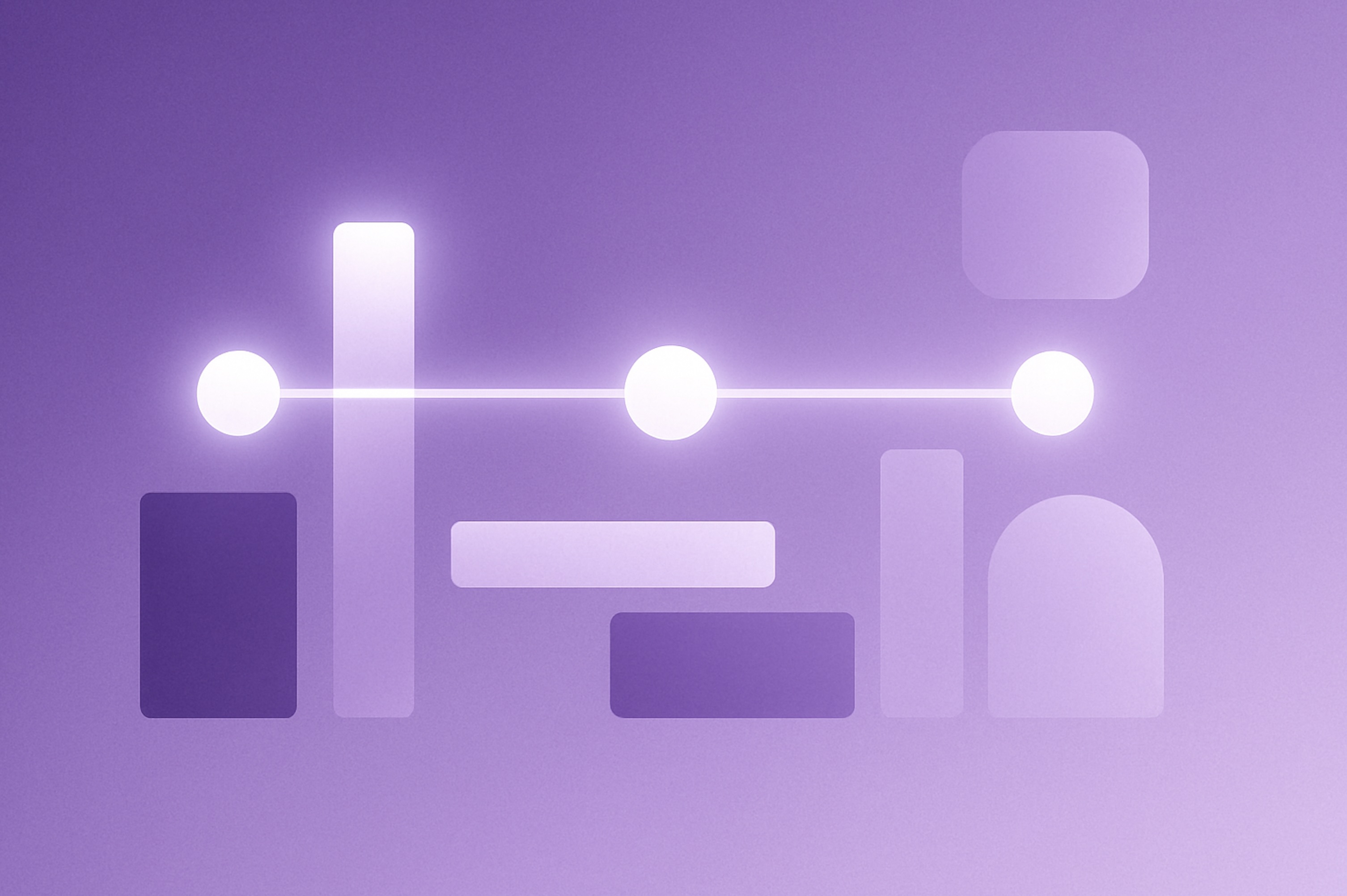 Abstract digital artwork in purple tones representing PERM processing times, featuring a horizontal glowing line connecting three bright circular nodes positioned above layered geometric shapes. The rectangular and rounded forms create a clean, minimal vis