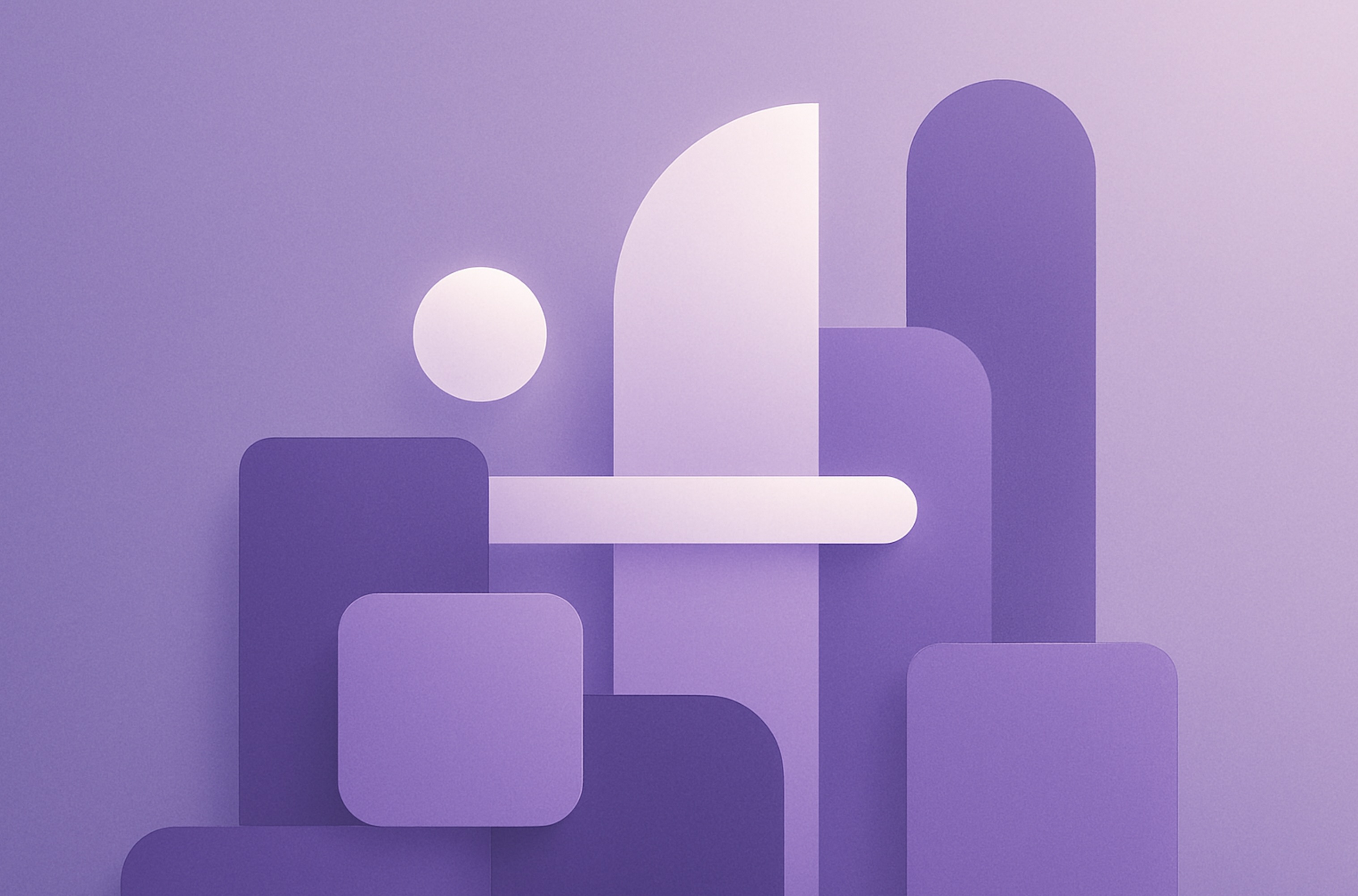 Abstract geometric illustration in deep purple and lavender tones representing H-1B lottery 2026 (FY2027), featuring layered rounded rectangles, arches, and a softly glowing circular element arranged in a clean, balanced composition. The minimal, modern de