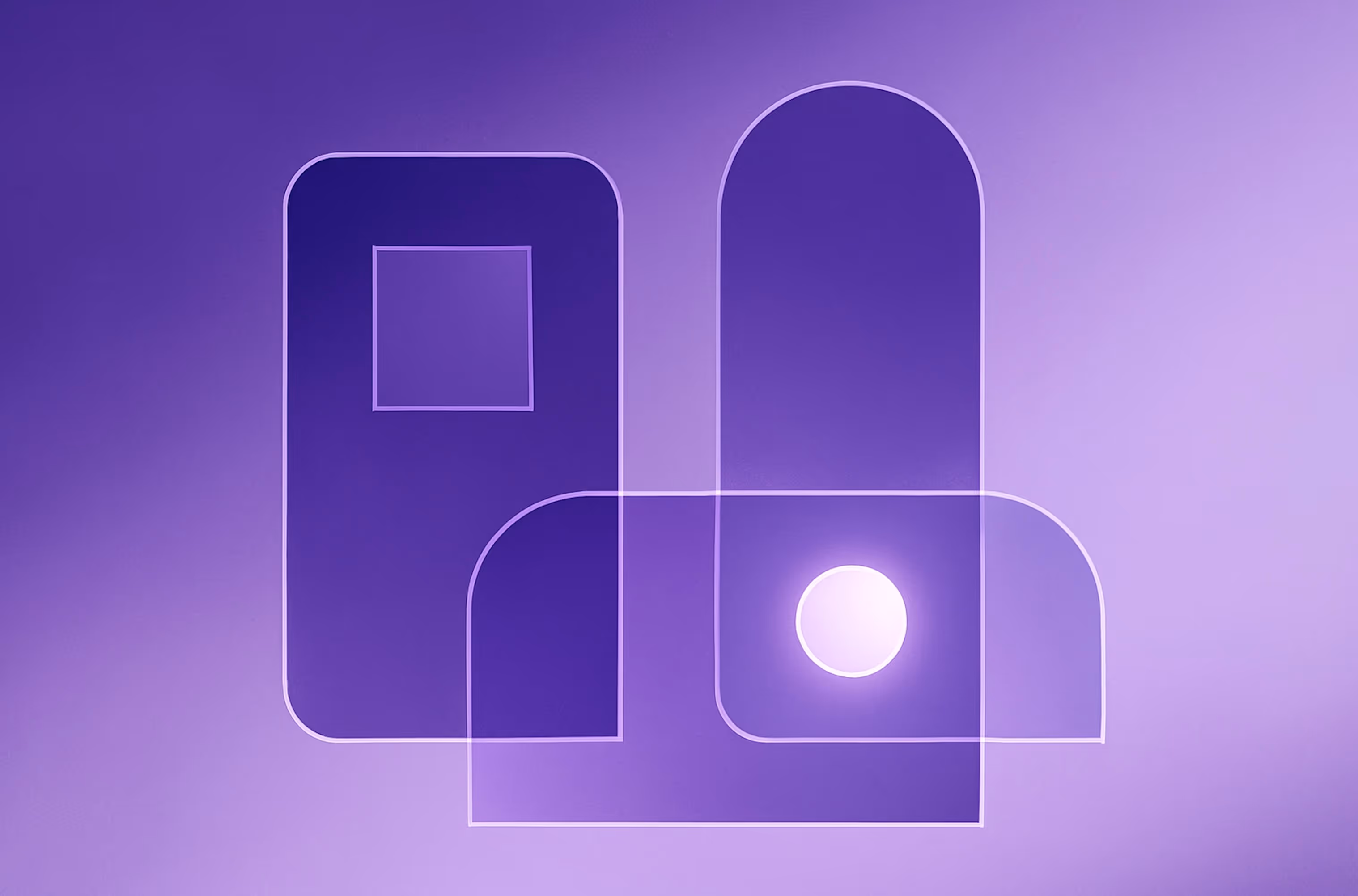 Abstract geometric artwork in deep purple and lavender tones representing the 2026 H-1B lottery webinar, featuring interconnected rounded rectangles, arches, and a softly glowing circular element arranged in a clean, balanced composition. The minimal, mode