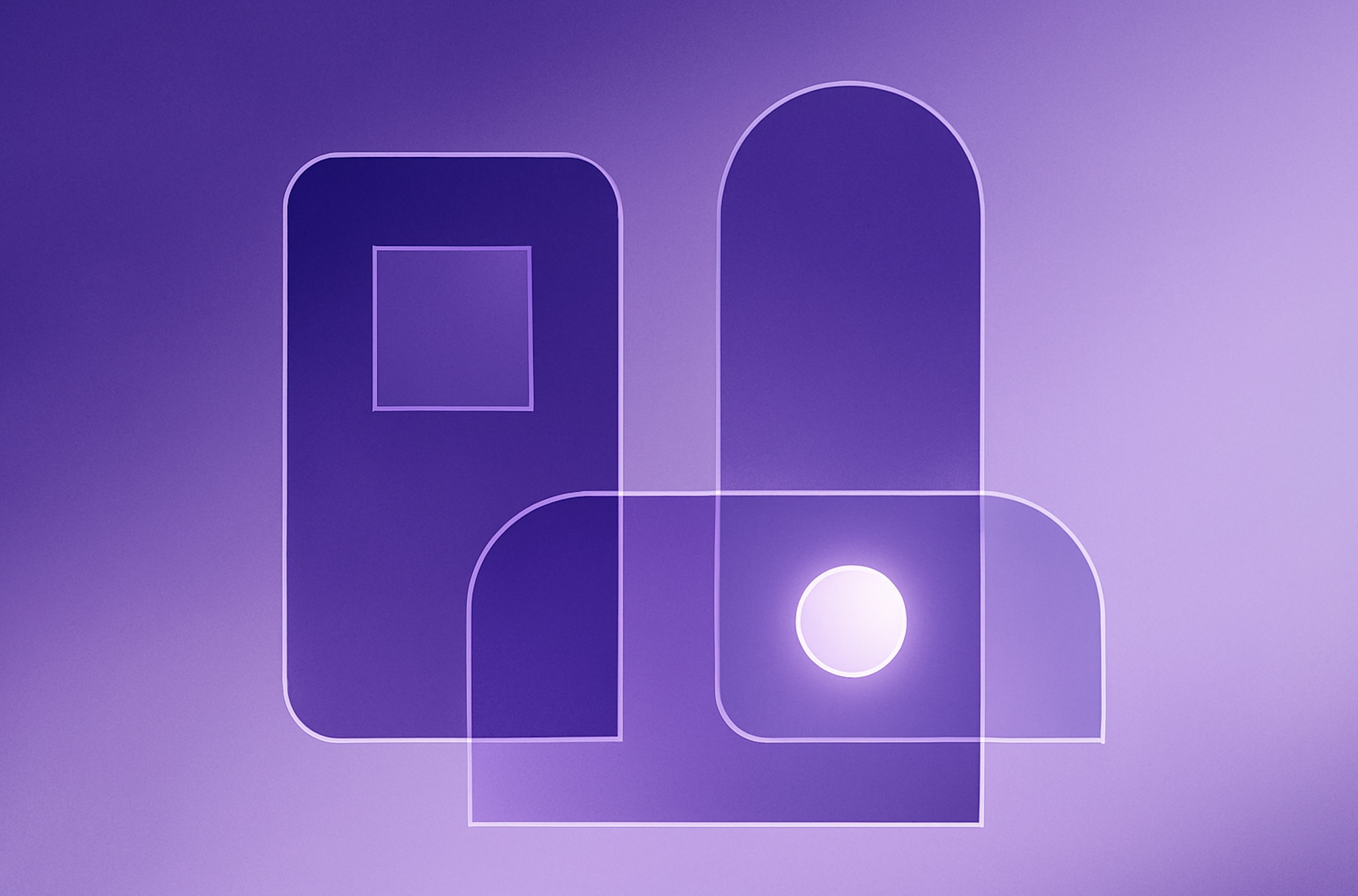 Abstract geometric artwork in deep purple and lavender tones representing the 2026 H-1B lottery webinar, featuring interconnected rounded rectangles, arches, and a softly glowing circular element arranged in a clean, balanced composition. The minimal, mode