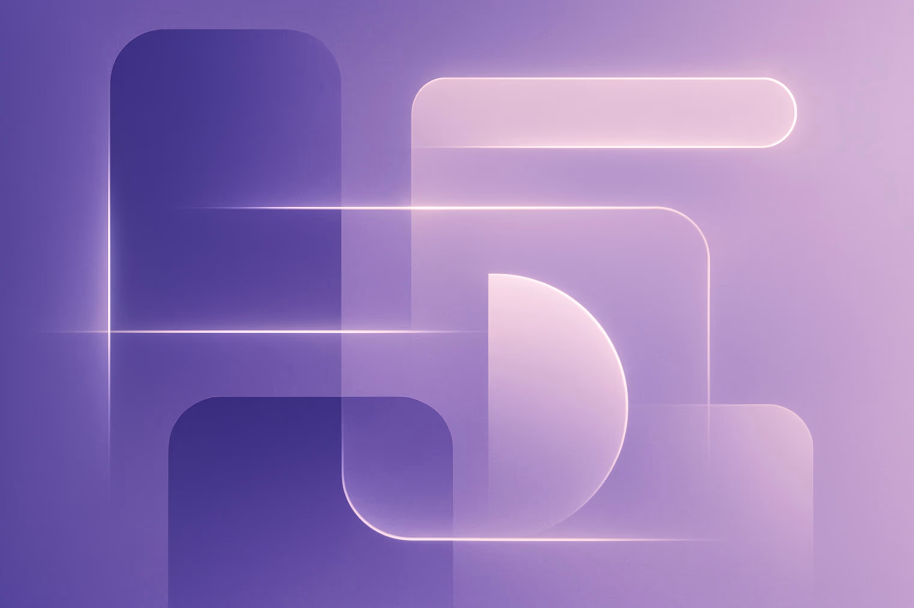 Abstract geometric illustration in deep purple and lavender tones representing Immigration Automation Strategy, featuring interconnected rounded rectangles, soft glowing lines, and a semi-circular shape arranged in a balanced, minimal composition. The desi