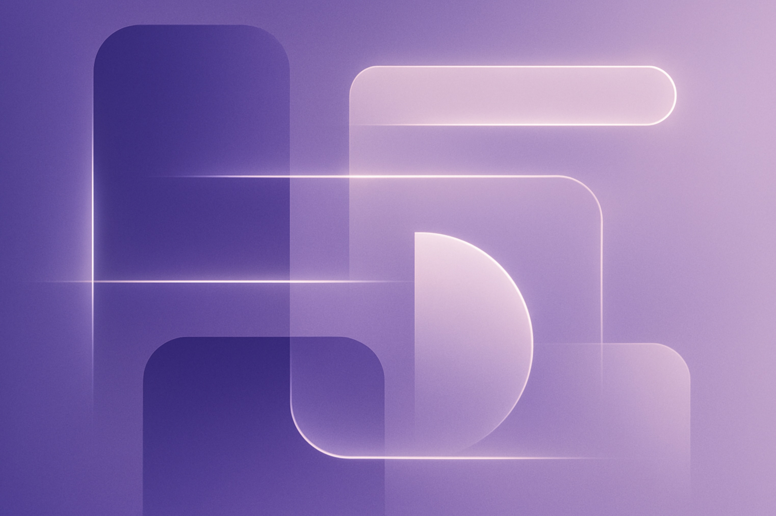Abstract geometric illustration in deep purple and lavender tones representing Immigration Automation Strategy, featuring interconnected rounded rectangles, soft glowing lines, and a semi-circular shape arranged in a balanced, minimal composition. The desi