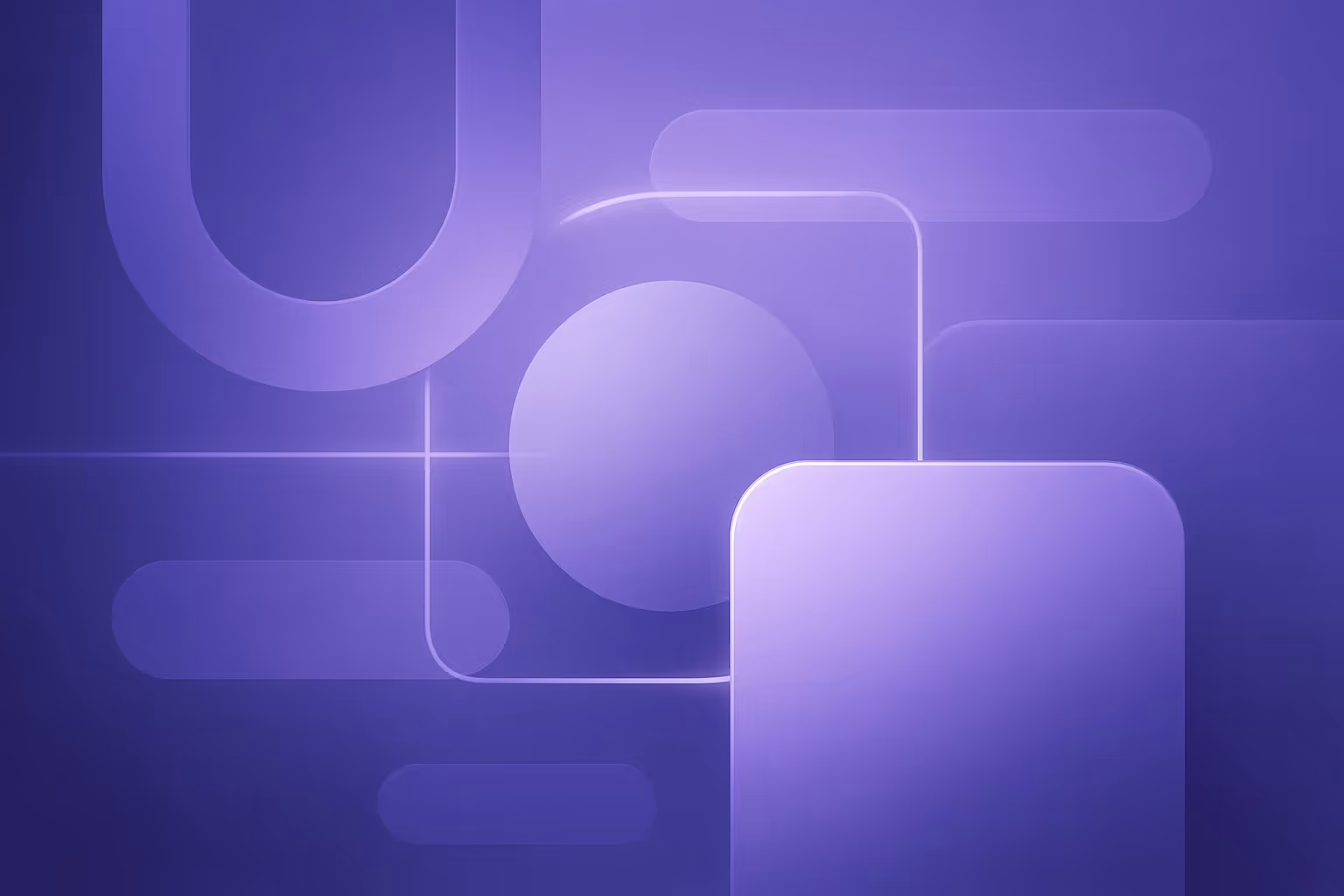 Abstract geometric artwork in deep purple and lavender tones representing the Ontario skilled trades immigration pause, featuring interconnected rounded rectangles, soft glowing lines, and layered circular shapes arranged in a balanced, minimal composition