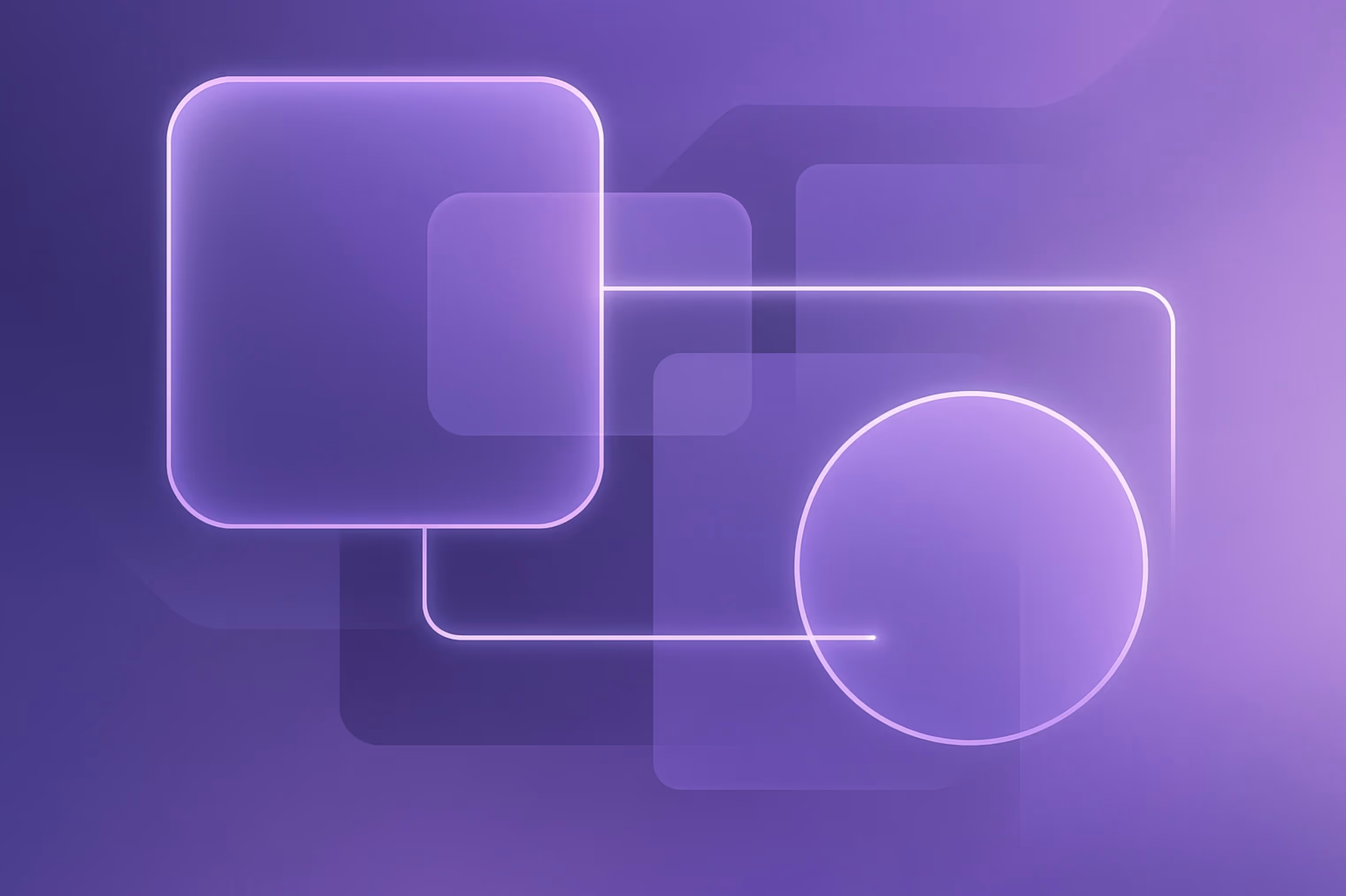 Abstract geometric artwork in deep purple and lavender tones representing social media vetting visa delays, featuring interconnected rounded squares and circles outlined with soft glowing white lines. Layered translucent shapes and a smooth gradient backgr