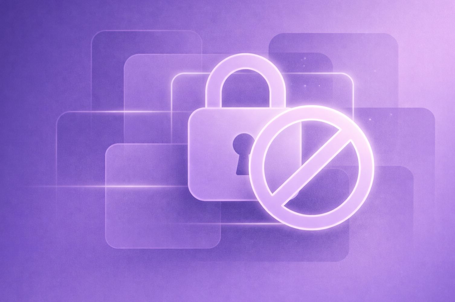 Abstract digital illustration in deep purple and lavender tones representing the Immigration ban 2026, featuring a softly glowing lock and layered geometric forms that convey restricted movement and paused entry. The minimal design reflects Proclamation 10