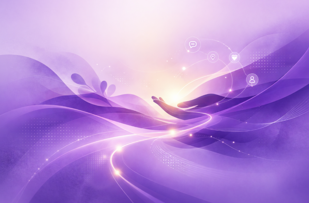 Lavender and deep purple abstract digital artwork with soft layered shapes and gentle light gradients, representing immigration anxiety, visa uncertainty 2026, and HR support for international employees through mental health resources, manager training, an