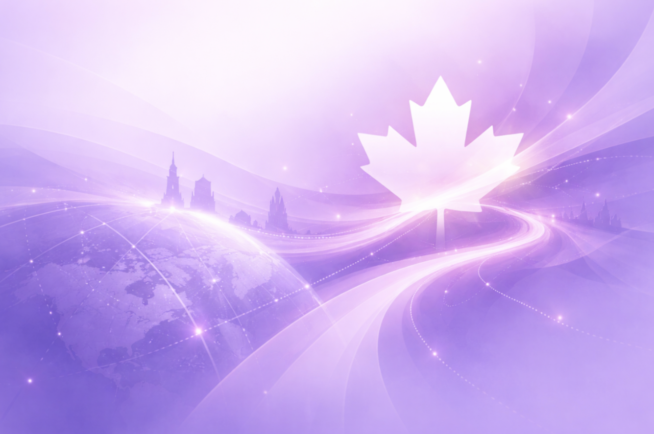 Abstract lavender illustration featuring a glowing maple leaf over a connected globe, representing Canada Express Entry 2026, category-based selection, CRS score draws, senior manager and researcher immigration pathways, and global mobility strategy for US