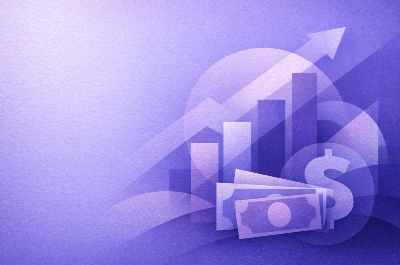 Abstract editorial artwork in a lavender palette with a smooth gradient from soft lavender in the top left to deep indigo-purple in the bottom right, featuring layered, semi-transparent geometric shapes with subtle grain texture and large negative space on