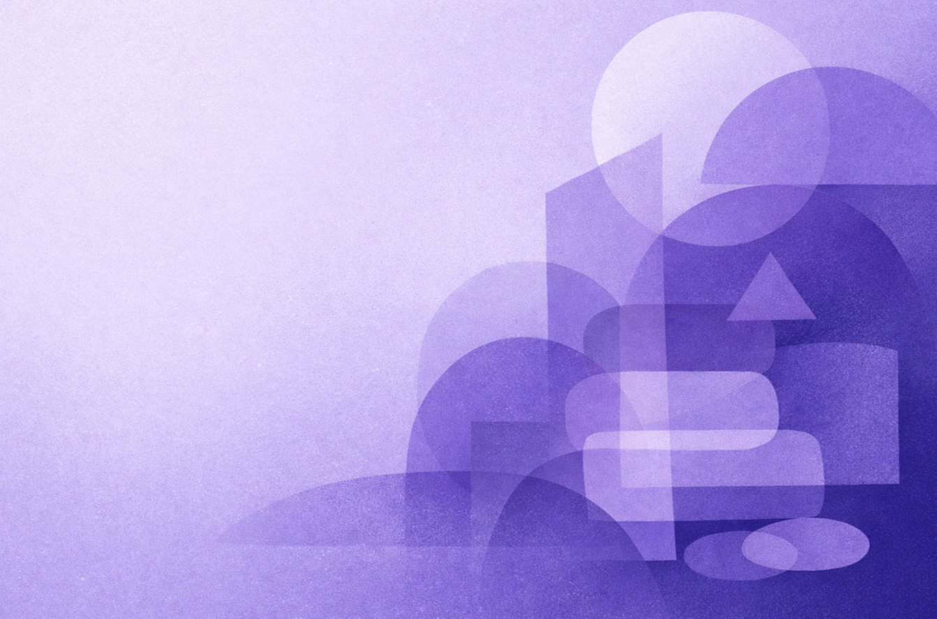 Abstract editorial artwork with a lavender gradient transitioning from soft lavender on the left to deep indigo-purple on the right, featuring layered, semi-transparent geometric shapes with smooth edges and subtle grain texture, with large negative space 