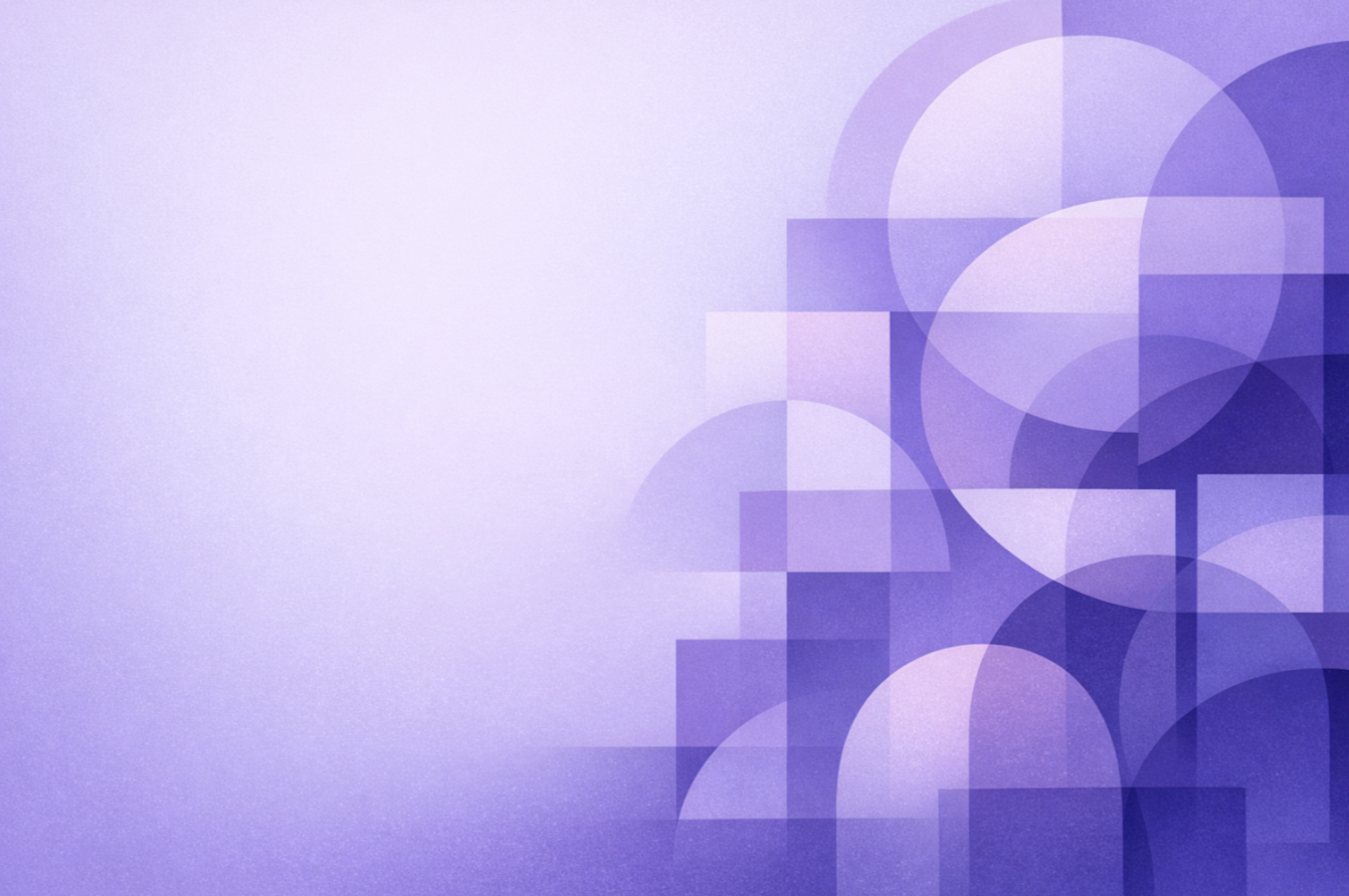 Abstract lavender-toned artwork with layered geometric shapes clustered on the right, blending softly into one another with no hard edges. The left side remains open with large negative space. A gradient shifts from deep indigo-purple in the bottom right t