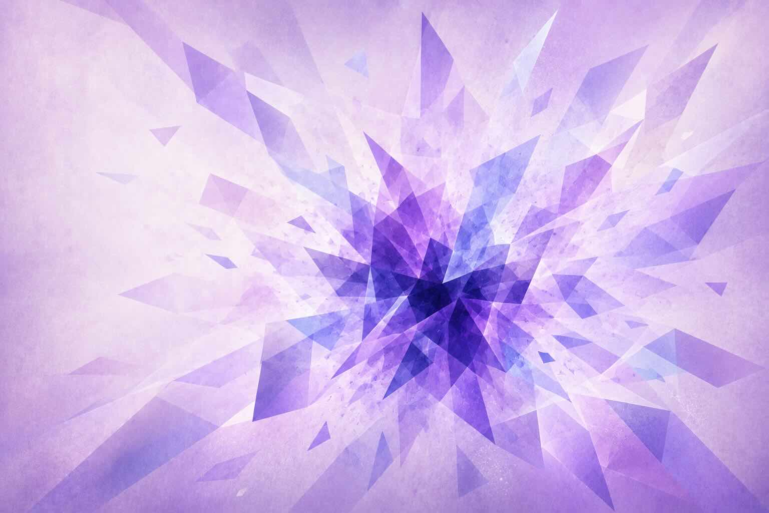 Abstract editorial illustration in a lavender and violet palette featuring a dense cluster of translucent geometric planes at the center of the composition. Layered crystalline shards, faceted quadrilaterals, and soft-edged angular forms gradually separate