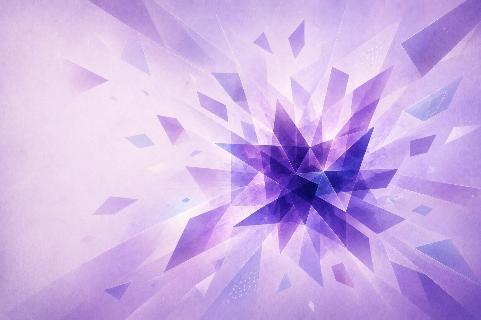 Abstract lavender editorial image with a dense indigo geometric cluster slightly right of center. Translucent crystalline fragments spread outward toward all four corners, fading into pale lilac haze and textured grain. The image conveys a complex system u