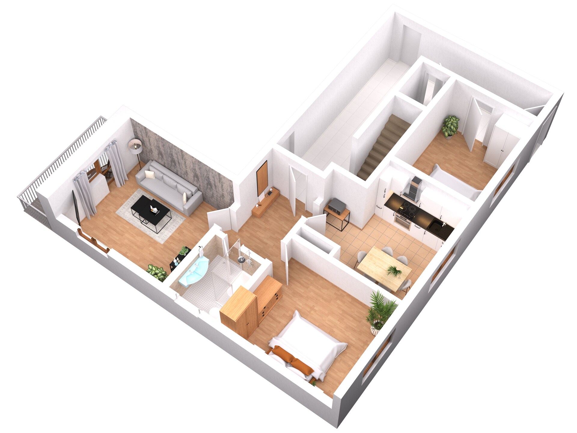 3D-Grundriss mit Wohn- und Schlafzimmern