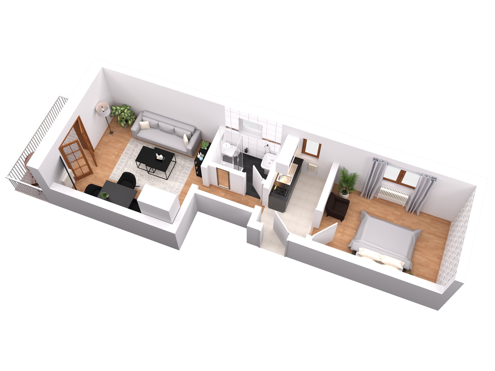 3D Grundriss der Ferienwohnung mit Raumaufteilung