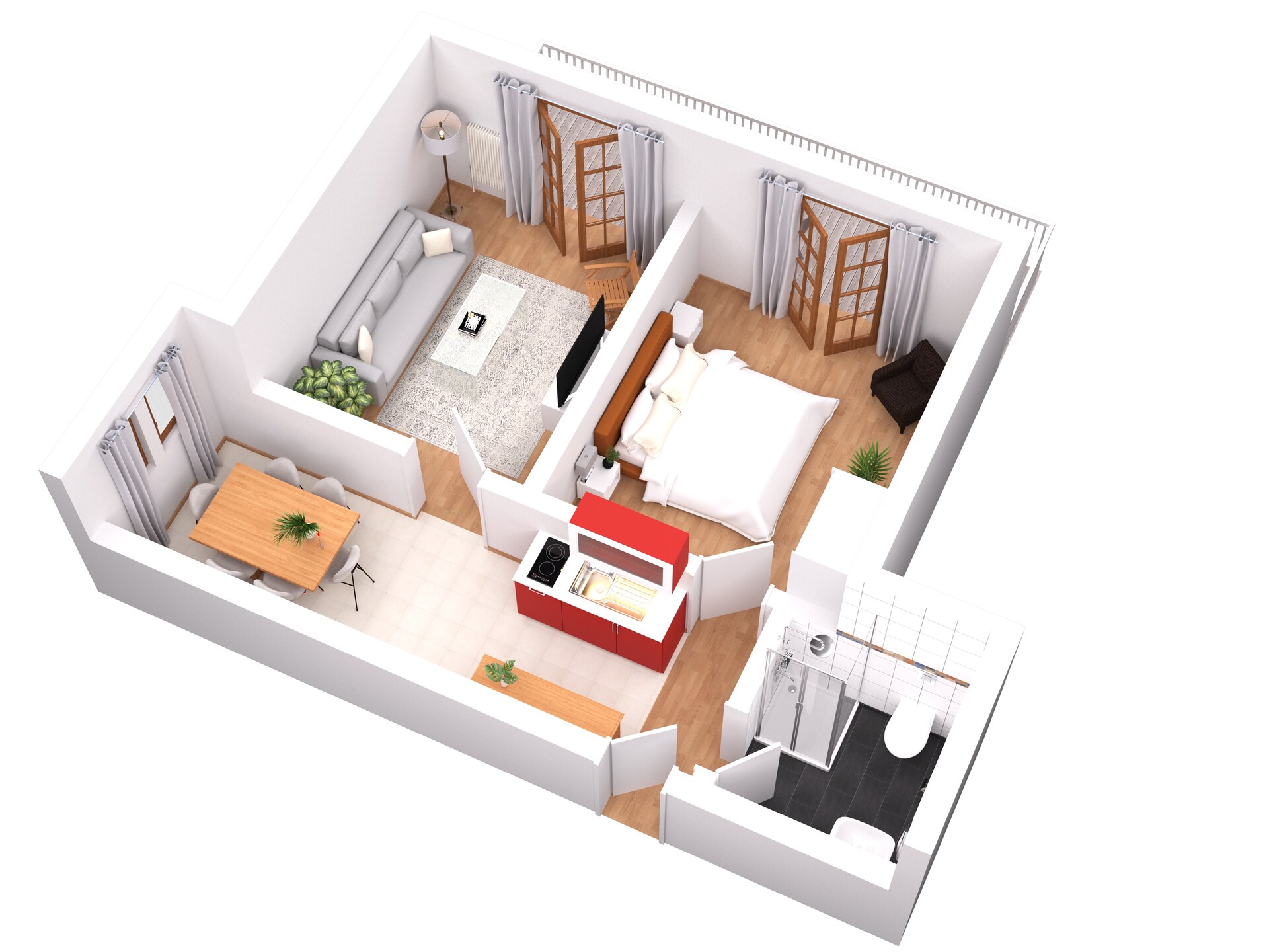3D Grundriss der Ferienwohnung mit Raumaufteilung