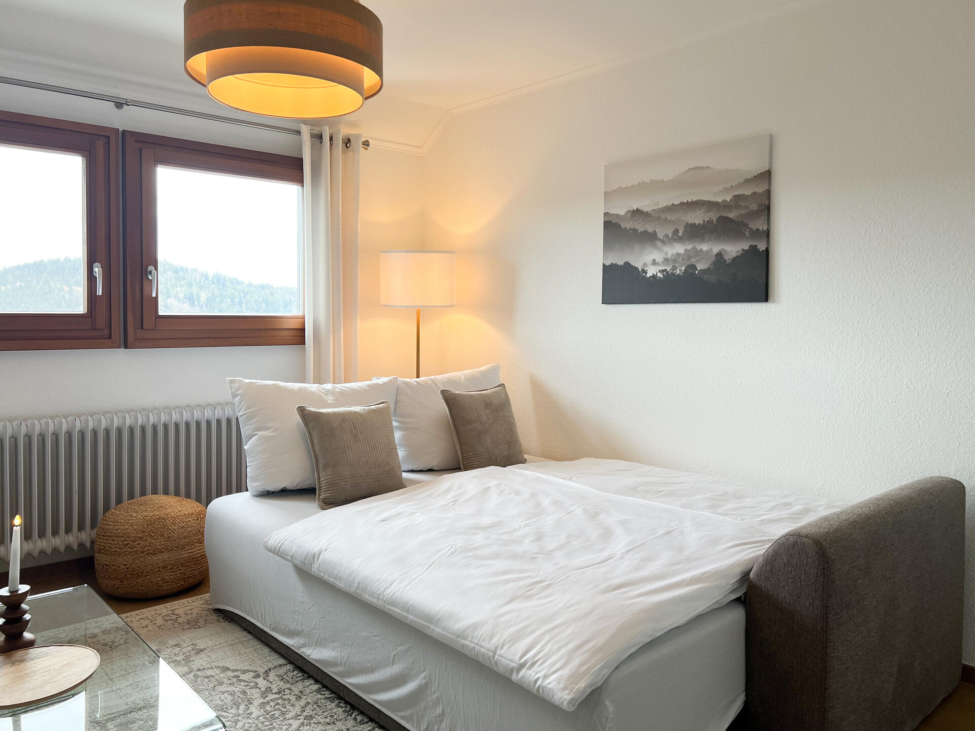 Helles Wohnzimmer mit Schlafsofa