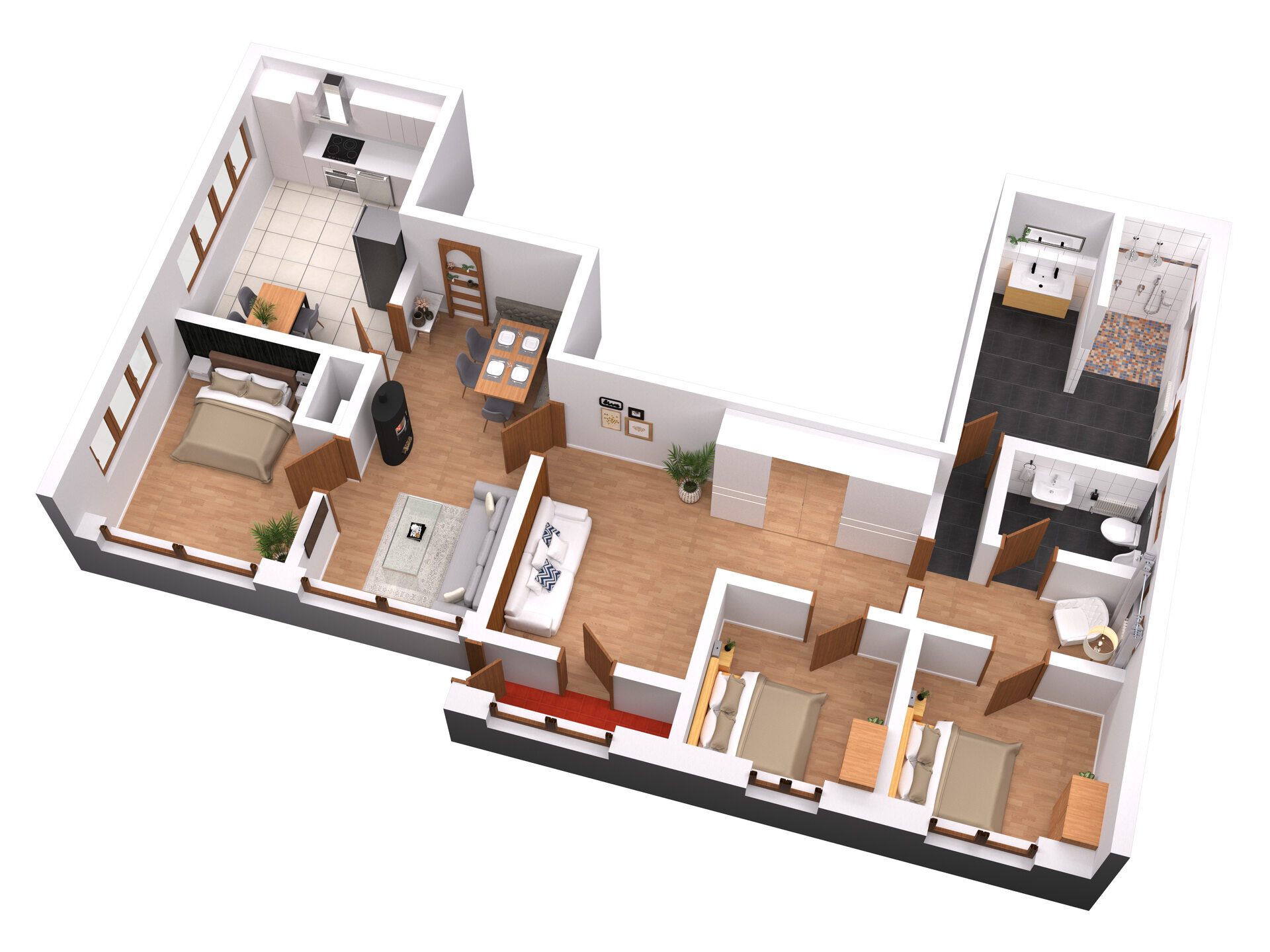 3D Grundriss der Ferienwohnung mit Raumaufteilung