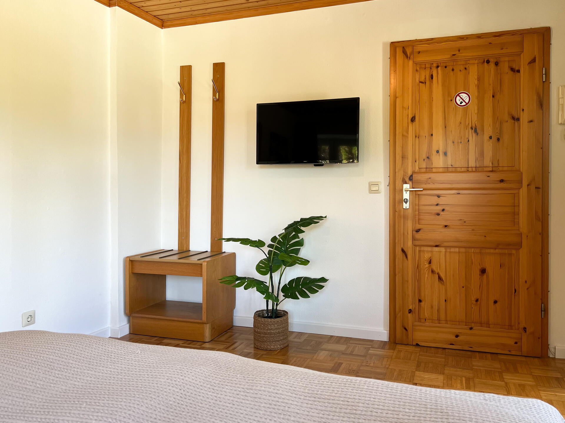 Garderobe mit Fernseher und Holztuer im Schlafzimmer