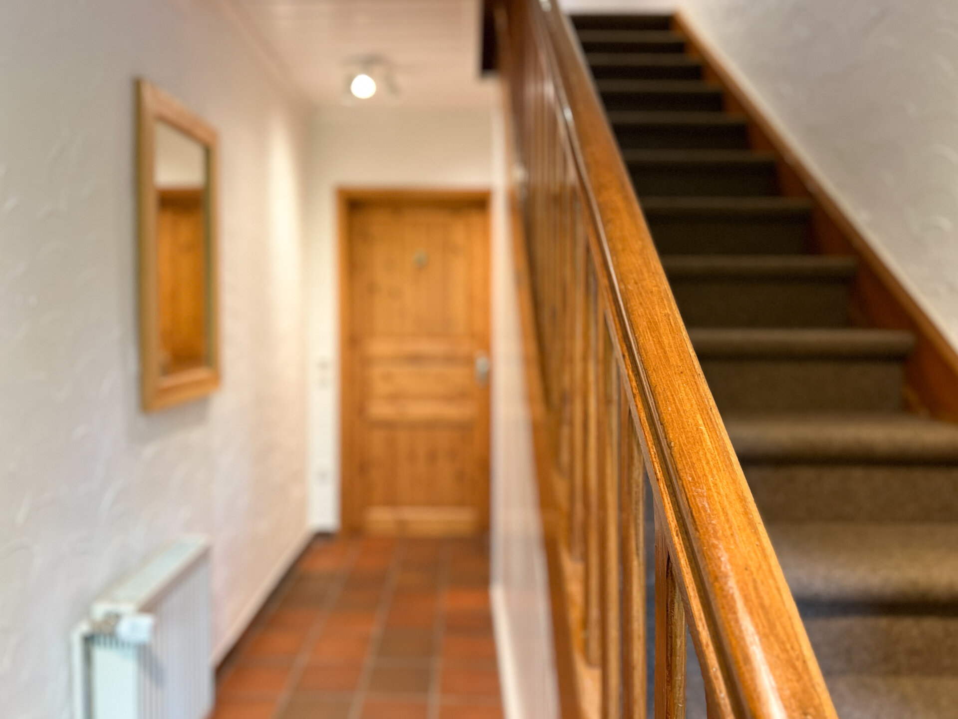 Treppenhaus im Inneren des Hauses mit Holztuer, Spiegel und Fliesenboden