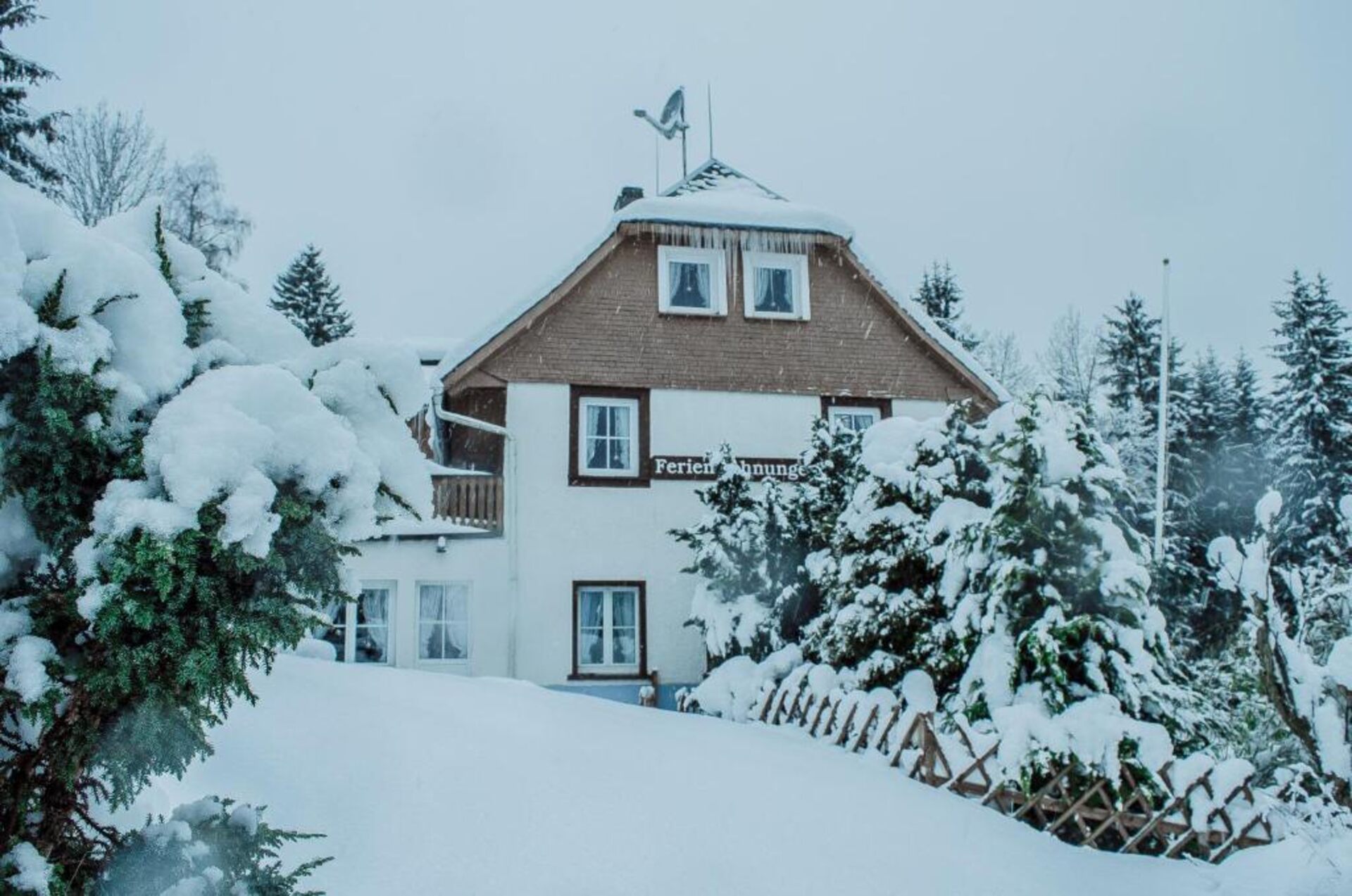 Haus im Schnee mit verschneiten Tannen