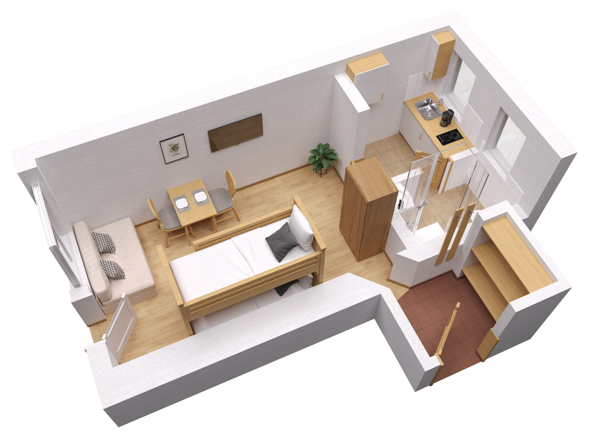 3D-Grundriss der Ferienwohnung mit Schlafbereich, Kueche, Bad und Wohn-/Essbereich