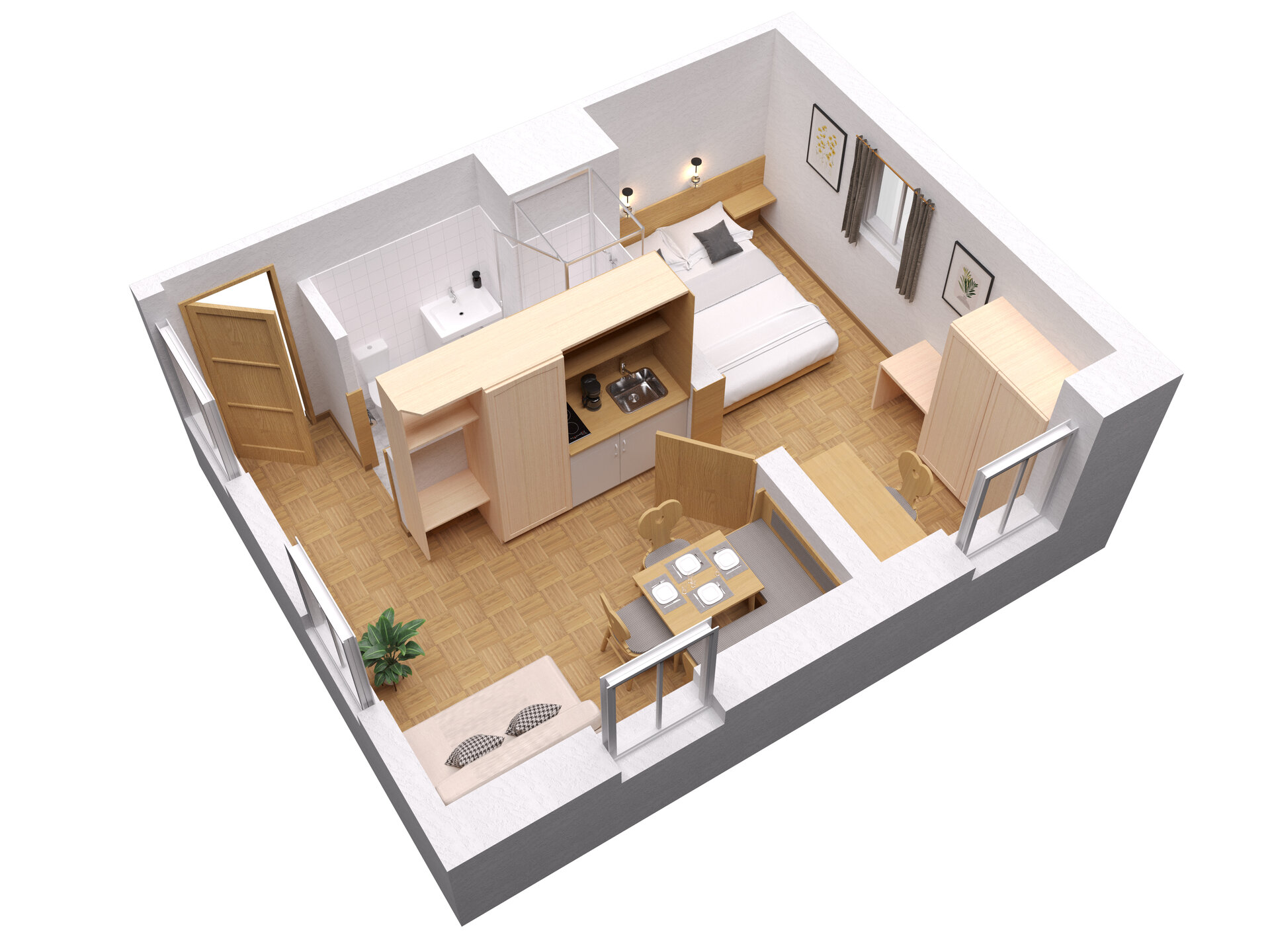3D-Grundriss der Ferienwohnung mit Einrichtung