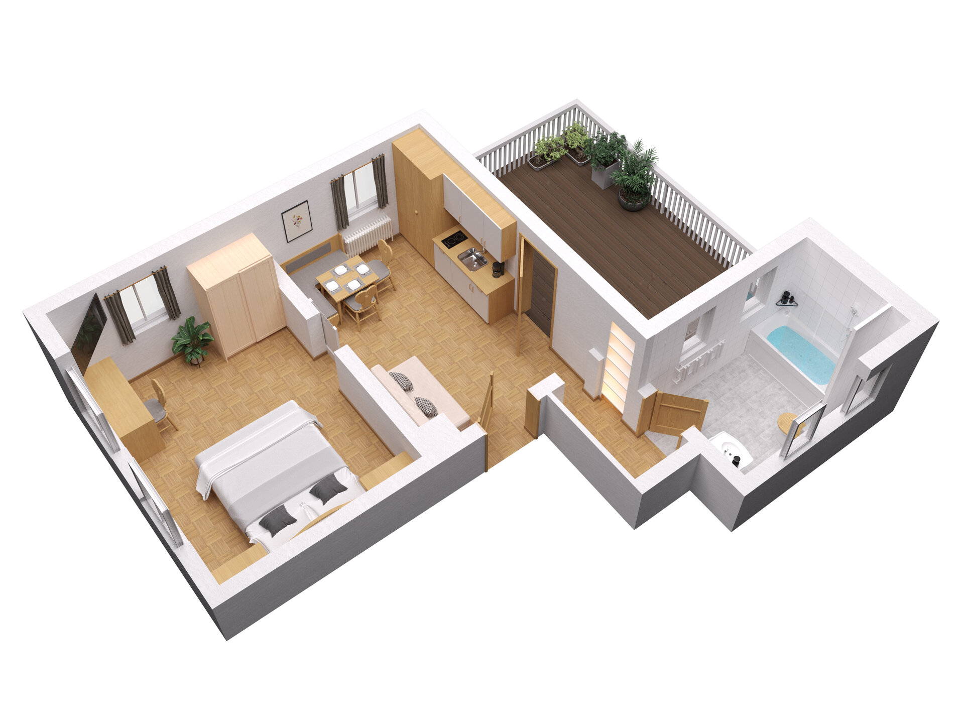 3D-Grundriss mit Balkon und Bad