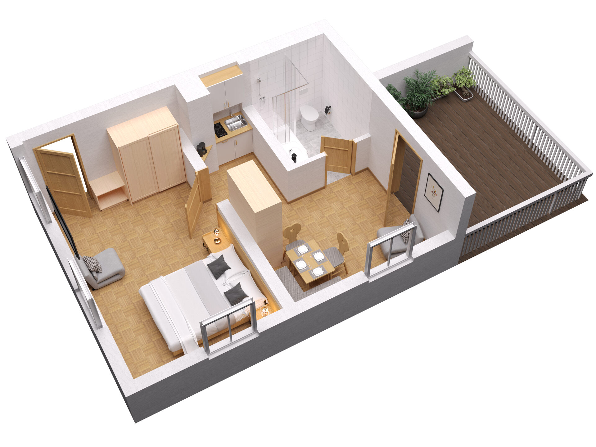 3D-Grundriss mit Balkon und Wohnbereich