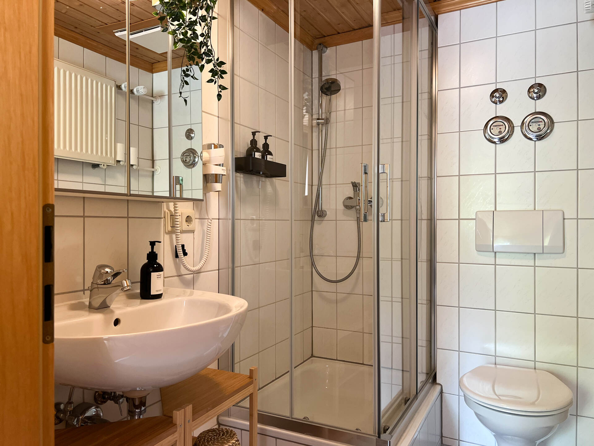 Helles Badezimmer mit Dusche, Waschbecken und WC