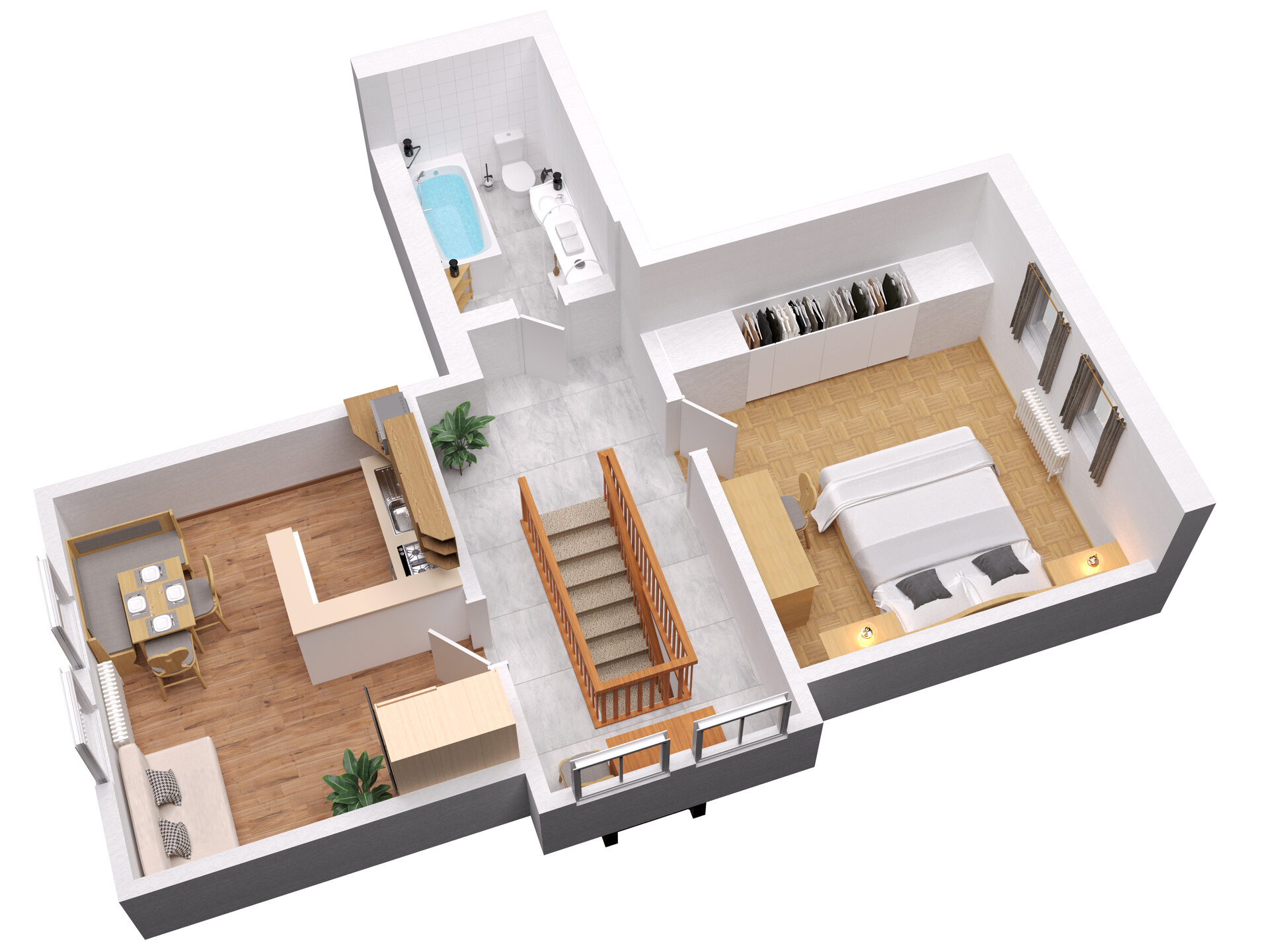 3D-Grundriss mit Schlafzimmer, Bad und Wohnkueche