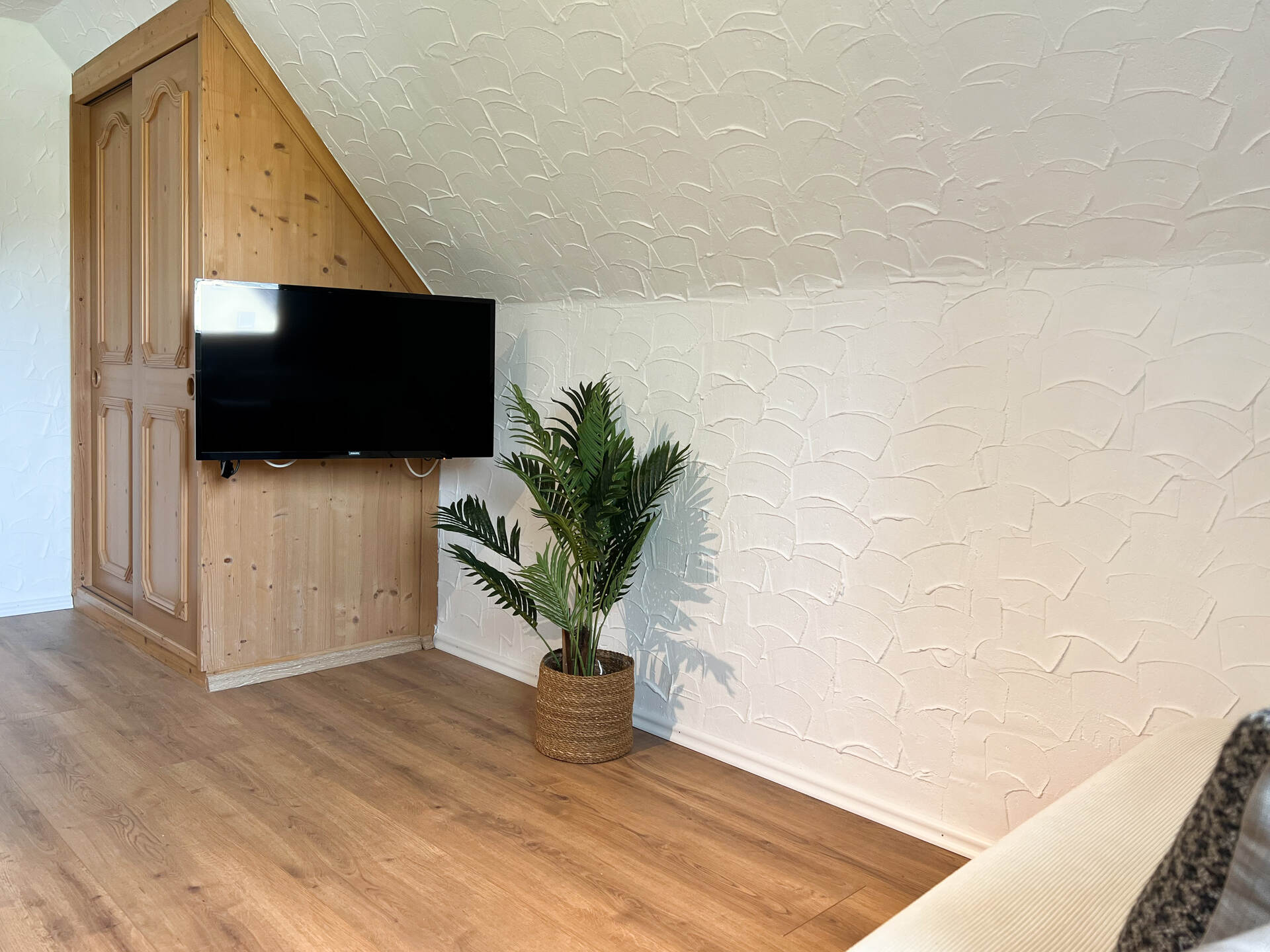 Fernseher an Holzwand mit Pflanze und Sofa