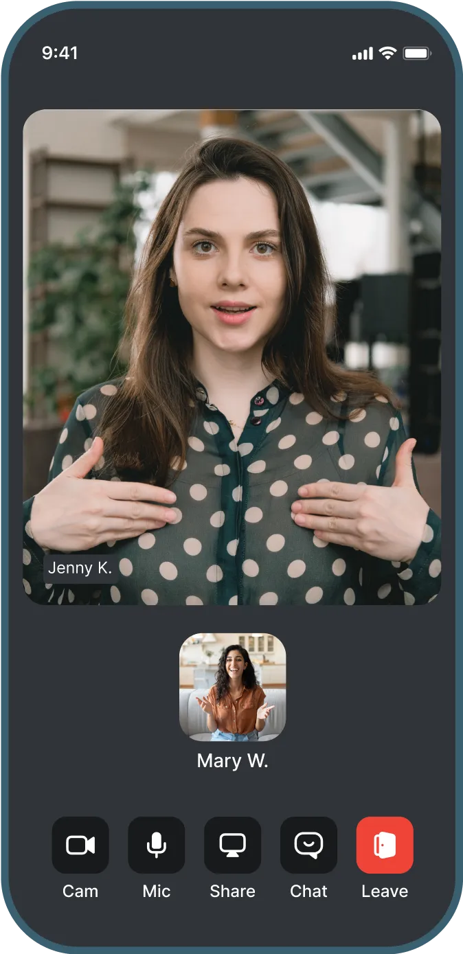 Video call screen on smartphone showing woman with brown hair in polka dot blouse named Jenny K., and smaller image of smiling woman named Mary W. with video call controls for camera, microphone, screen share, chat, and leave.