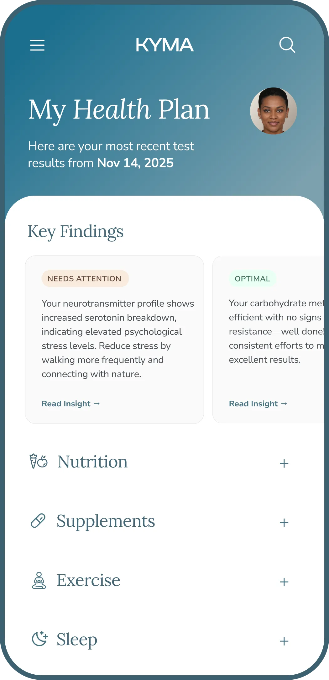 Mobile screen showing KYMA health plan app with recent test results dated Nov 14, 2025, highlighting neurotransmitter stress and carbohydrate metabolism insights, plus expandable sections for Nutrition, Supplements, Exercise, and Sleep.
