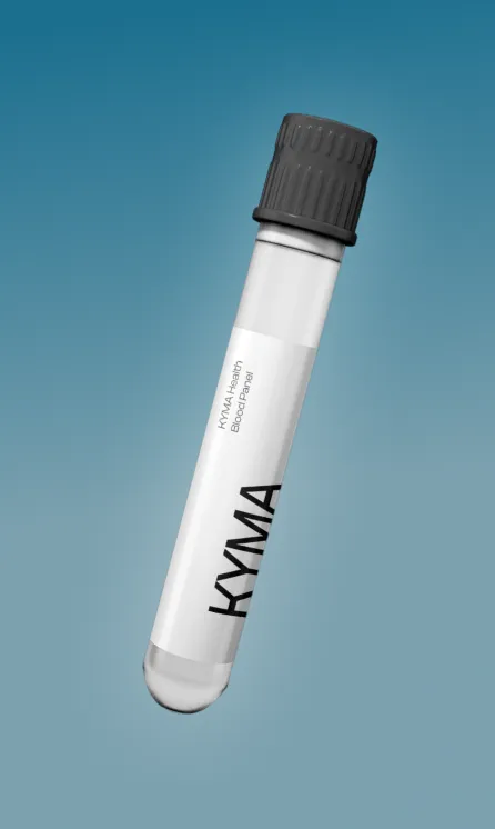 Test tube labeled KYMA with a black cap on a blue gradient background.