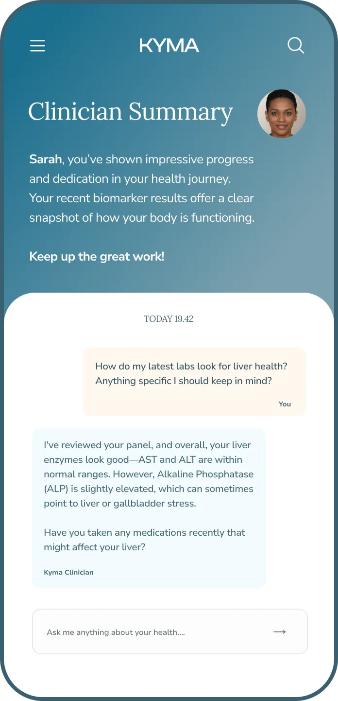 Mobile app screen titled Clinician Summary showing a conversation where user asks about liver health and clinician responds about liver enzyme levels and medication effects.
