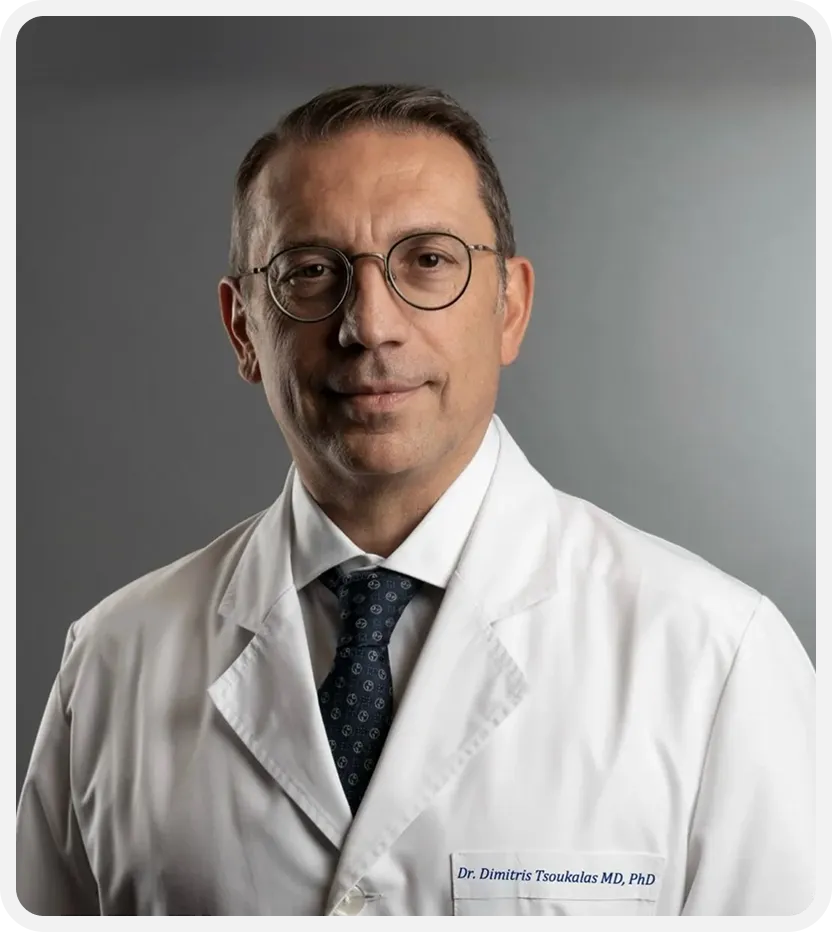 Middle-aged man wearing glasses and a white medical coat with a dark patterned tie.