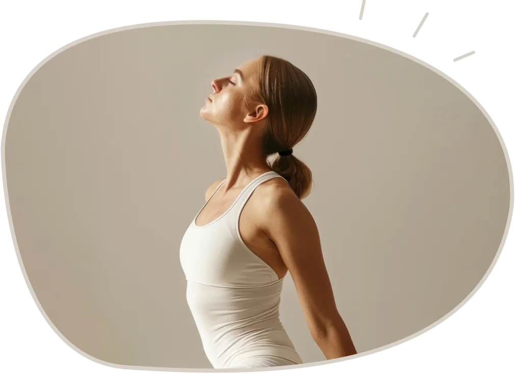 Woman in white tank top stretching with eyes closed and head tilted back.