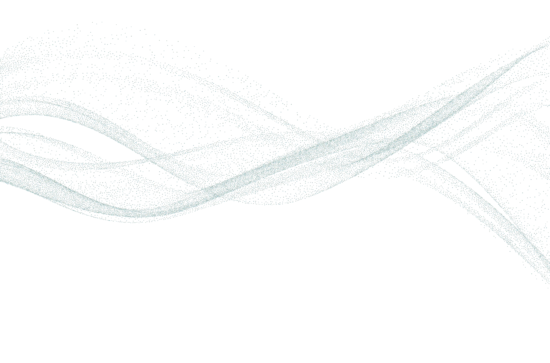 Abstract wave of light blue dots flowing and intertwining on a black background.