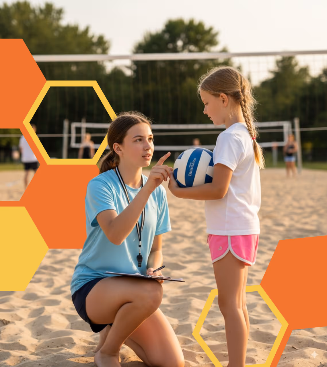 An athlete coaching a kid on Volleyball.