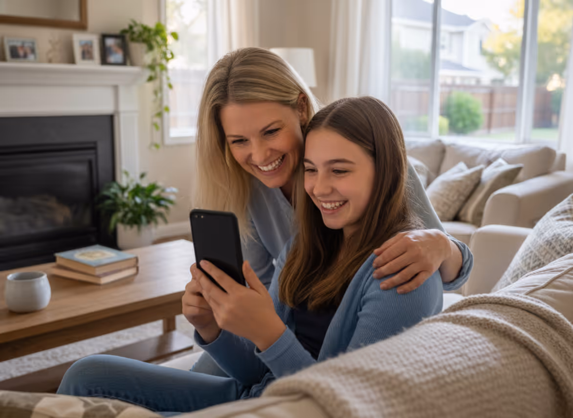 Mom helping daughter on phone.