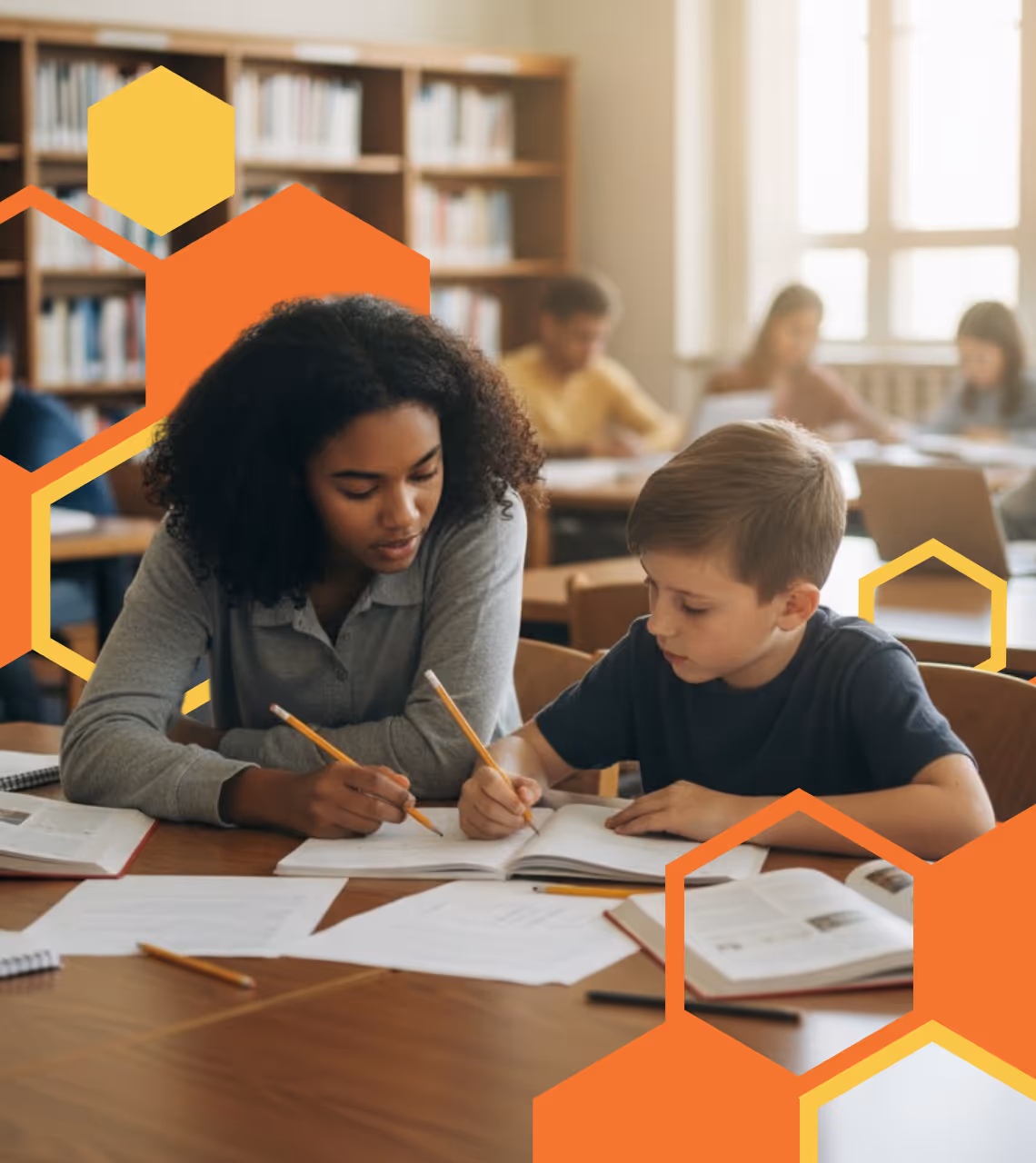 A student tutoring a kid.