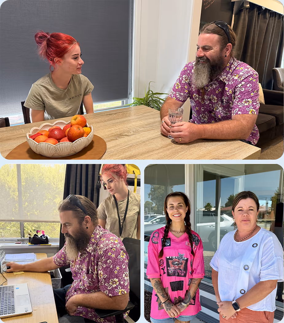 A collage of three pictures. Top one is two people sitting around a table, bottom left is one person working on a laptop while someone stands next to him and the bottom right is two people standing.