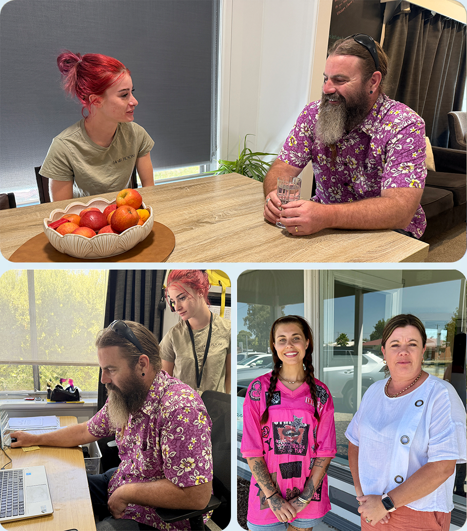 A collage of three pictures. Top one is two people sitting around a table, bottom left is one person working on a laptop while someone stands next to him and the bottom right is two people standing.