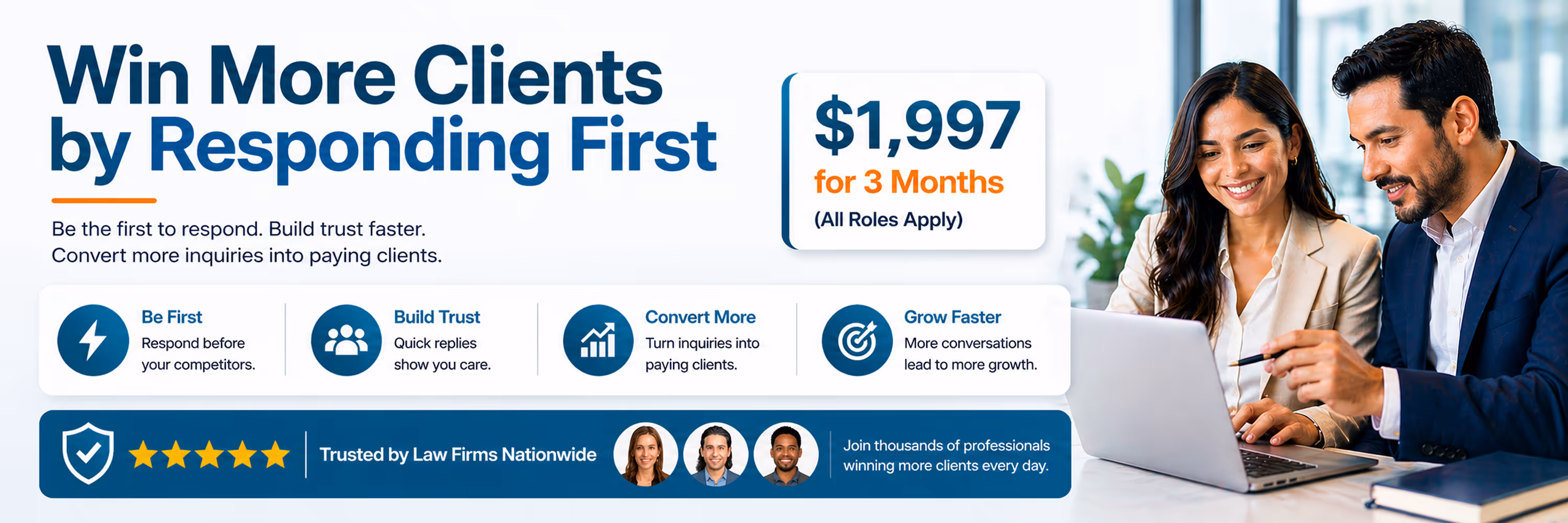 Two professionals smiling and looking at a laptop alongside a $1,997 offer for 3 months to win more clients by responding first, with benefits like building trust, converting inquiries, and growing faster.