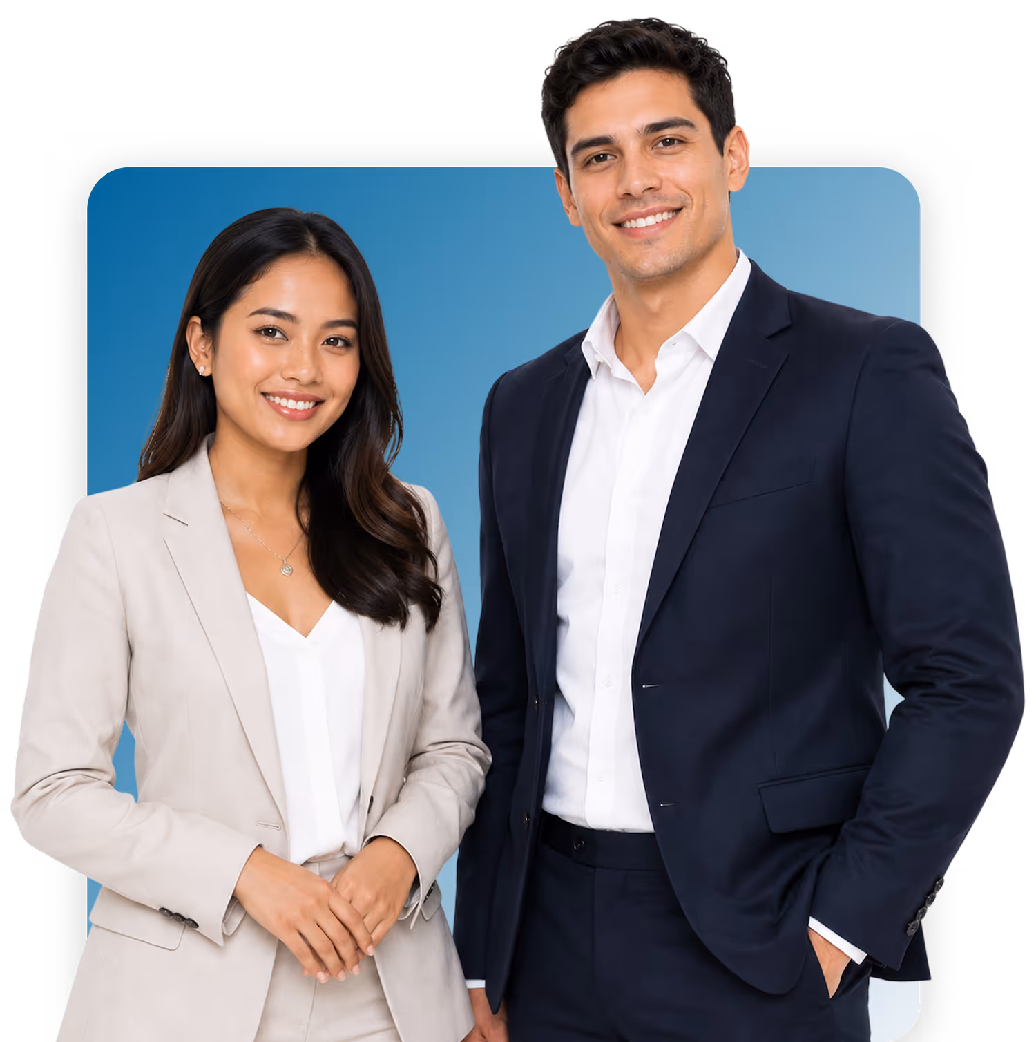 Smiling professional man and woman in business suits standing side by side against a blue background.