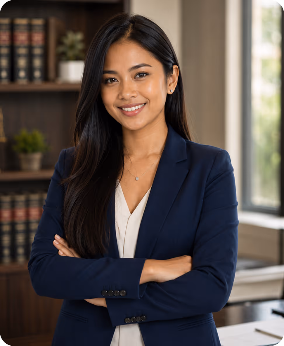Smiling woman in a navy blazer with arms crossed in a modern office setting.