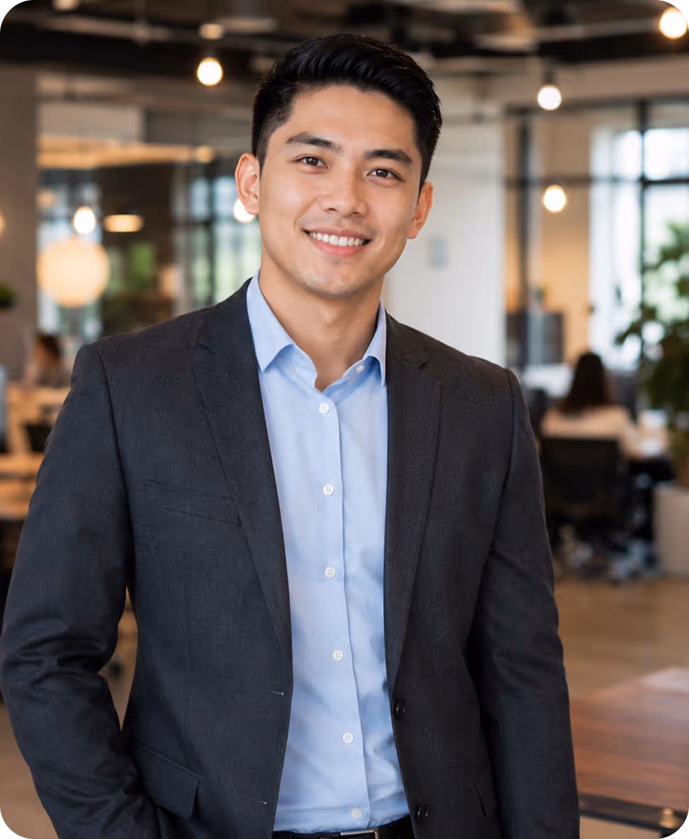 Smiling man in dark blazer and light blue shirt standing in a modern office space.