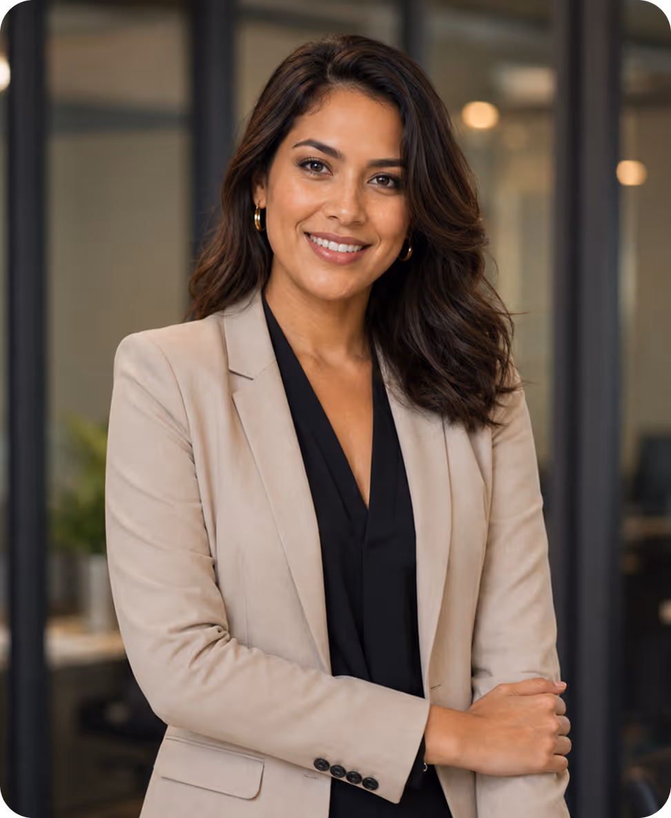 Smiling woman with brown hair in a beige blazer and black top in an office setting.