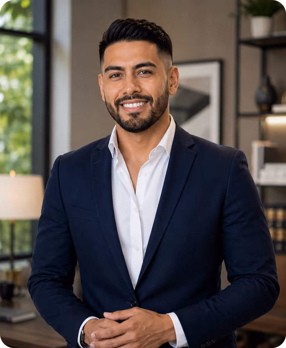 Smiling man in navy blazer and white shirt standing in a modern office with shelves and lamp.