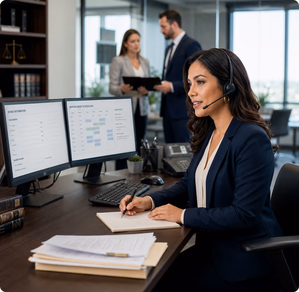 Woman wearing headset taking notes at a desk with dual monitors showing appointment schedules.